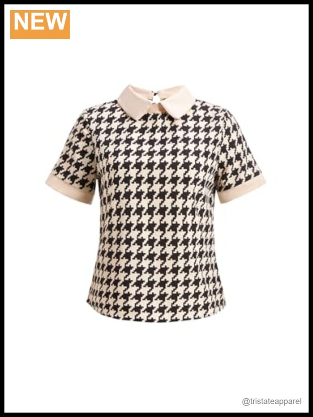 Women's Houndstooth Short Sleeve Dressy Collared Blouse